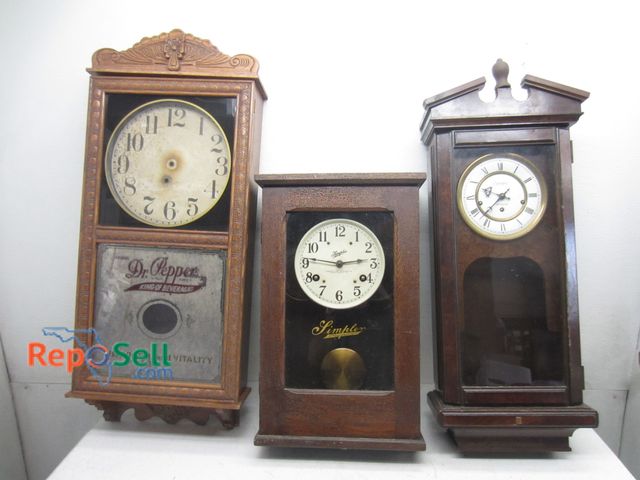 Lot 31-6251 - (3) Vintage wall clocks for parts/repair: Hamilton, Simplex, Dr. Pepper, etc Tallest is 38"