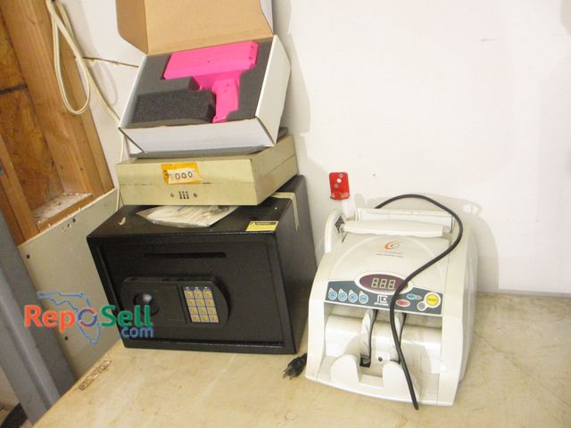 Lot 31-2094 - Safe (open) with Key, Obie Tron Money Counter, Cash Cannon, Cash Box