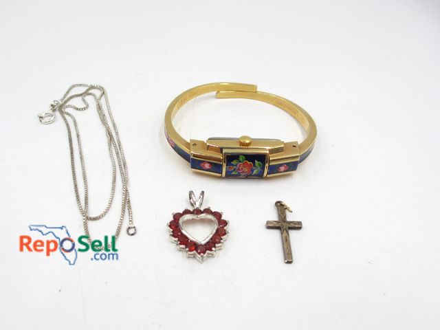 Lot 31-1012 - Jewelry Lot: Swiss Made Hidden Dial Watch, .925 Chain (2.37gt), Garnet Pendant, GF Cross