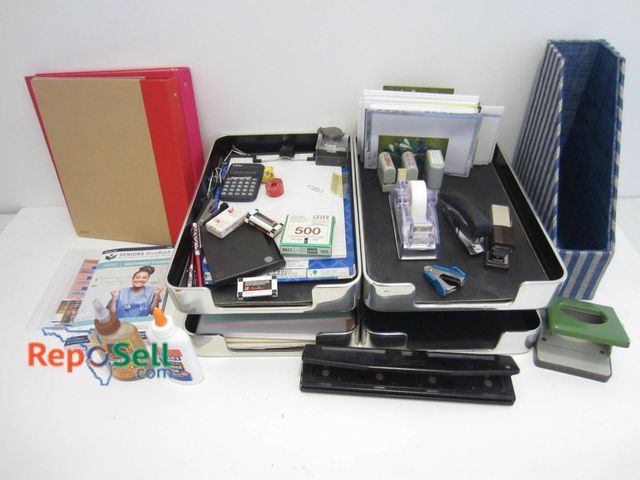 Lot 31-9062 - Office SuppliesÂ Includes Paper Trays, Binders, Calculator, Glue, Index Sheets, And Desk Accessories...