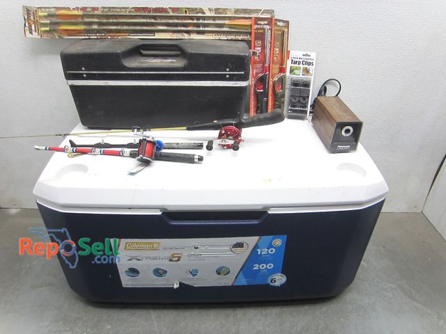 Lot 31-2473 - Large 120qt Coleman Cooler With Tacklebox, (3) Small Rods, Tarp Clips etc