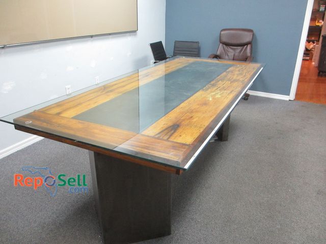 Lot 31-8183 - Large Glass Top Wood Conference Table with Metal Center and Legs 101"L x 45W x 32H - Tempered 1/2" G...