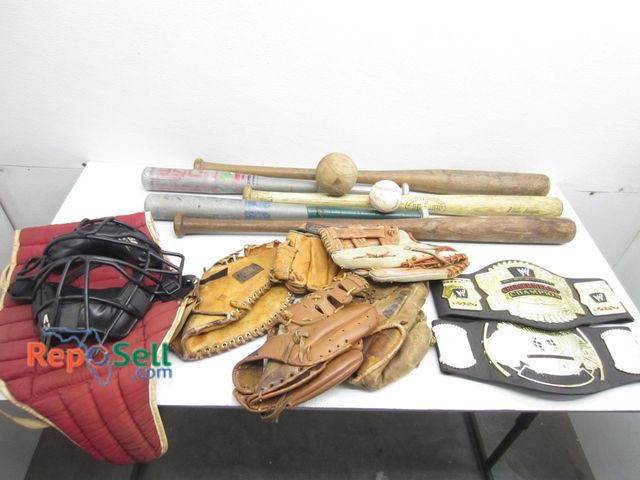 Lot 31-9340 - Sports Lot; Baseball Bats, Leather Gloves, Balls, (2) World Champion Wrestling Belts, Catcher's Helm...