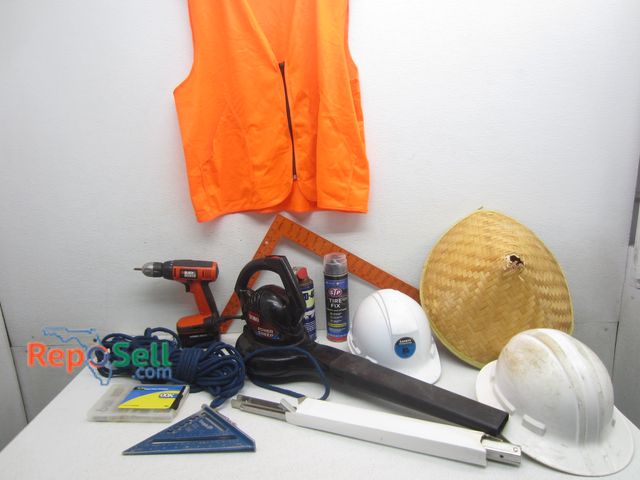 Lot 31-4539 - Tool Lot: (3) Hard Hats, Safety Vest, Nylon Rope, Toro Blower (Powers On), etc.