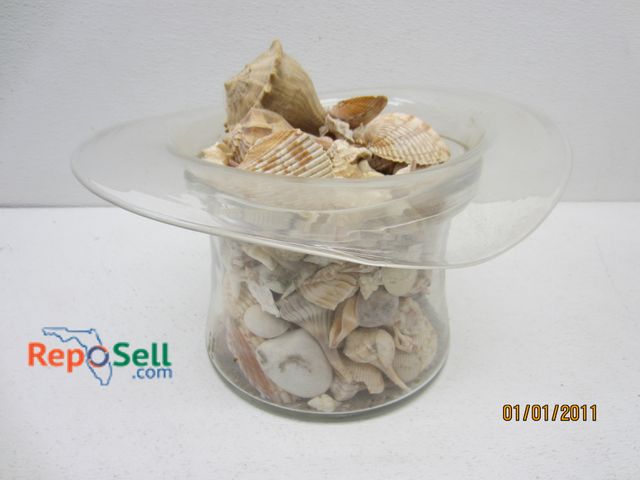 Lot 31-5163 - Blown Glass Top Hat Full of Various Sea Shells, 7" x 12" x 11.5"