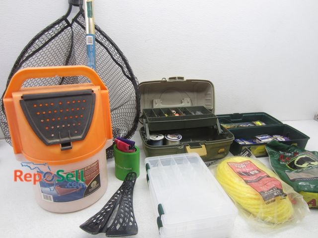 Lot 31-2418 - Fishing Accessories Lot: Landing Net, (4) Tackle Boxes w/Tackle, Rope, Bait Bucket, etc.