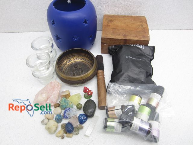 Lot 31-1089 - Essential Oils, Incense Cones, Holders, Various Crystals/Rocks, etc.