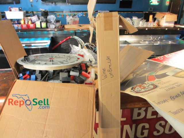 Lot 31-2158 - Bar/Estate Lot: 64"L Umbrella, Posters, Dartboard Pieces, O'Bar Banner