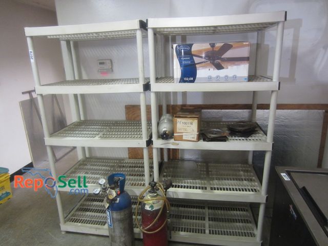 Lot 31-2078 - (2) Storage Racks w/Contents: (3) CO2 Bottles, Gauges, Harbor Breeze Ceiling Fan, Chair Swivels, etc...