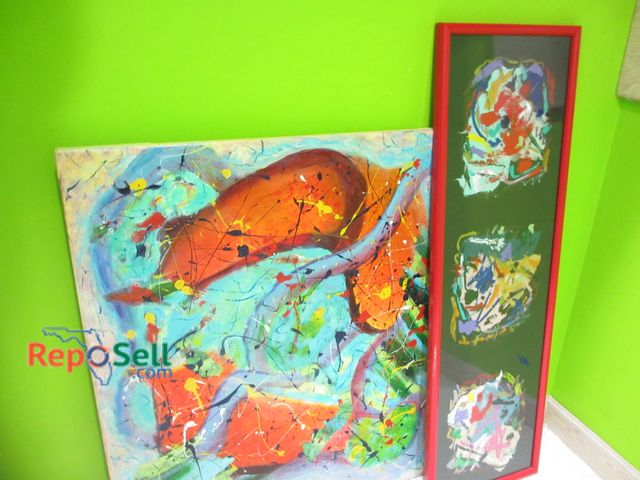 Lot 31-1309 - (2) Pcs of Art: 1- Original Acrylic Paint Splatter by Don Goodacre, 37"x31" (#59) &amp; Red Framed A...
