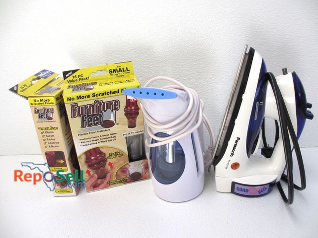 Lot 31-1346 - (2) Boxes of Furniture Feet, Garment Steamer, Panasonic Iron #NI-N21SR - Both Power On