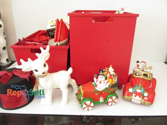 Lot 31-3170 - (2) Red Totes with Christmas Decor, Figures: Ceramics, Frosty, Candy Dishes, etc.