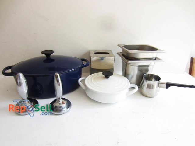 Lot 31-9185 - Blue And White Le Creuset Cast Iron Dutch Ovens, Two Pampered Chef Stainless Steel Burger Presses, 1...