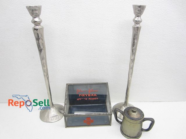 Lot 31-2492 - Dry Bak Plaster Box, Metal Cup And (2) Candlesticks