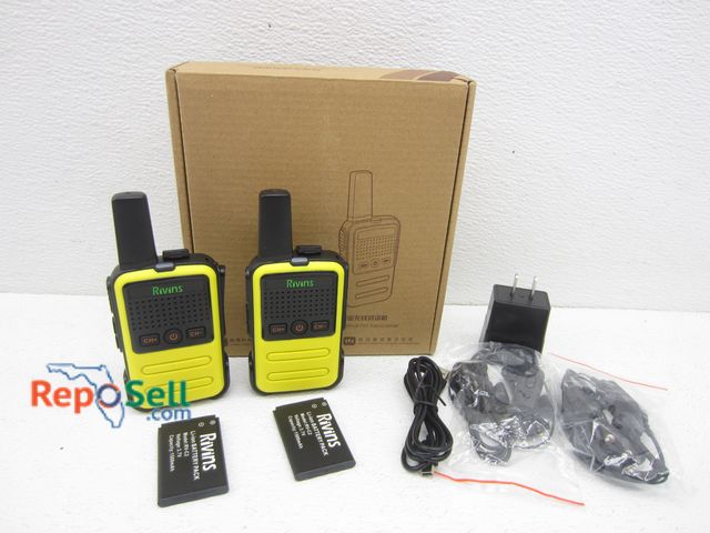 Lot 31-8212 - Set of Rivins 2-Way Radios #RV-C2 w/Clips, Batteries/Wall Plug, Ear Pieces, etc. - Appears New
