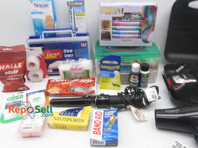 Lot 31-5009 - Bathroom Accessories Lot: Conair Blow Dryer &amp; Mens Hair Trimmer, Curling Iron, First Aid Supplie...