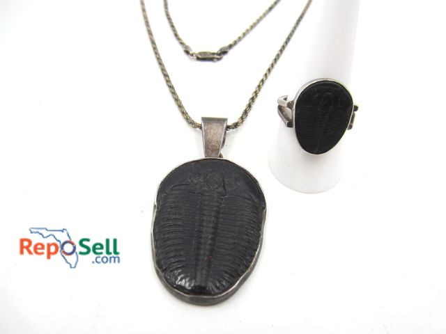 Lot 31-6194 - (2) Sterling Silver Trilobite Fossil Jewelry Pieces, Necklace - 1.5" tall Pendant on 18" Rope Chain ...