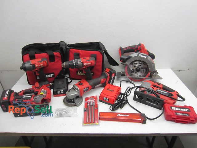 Lot 31-9176 - Lot Of Bauer 20V Tools, Batteries, Charger, (2) Bags, Accessories And Tote - All Tested Tools Power ...