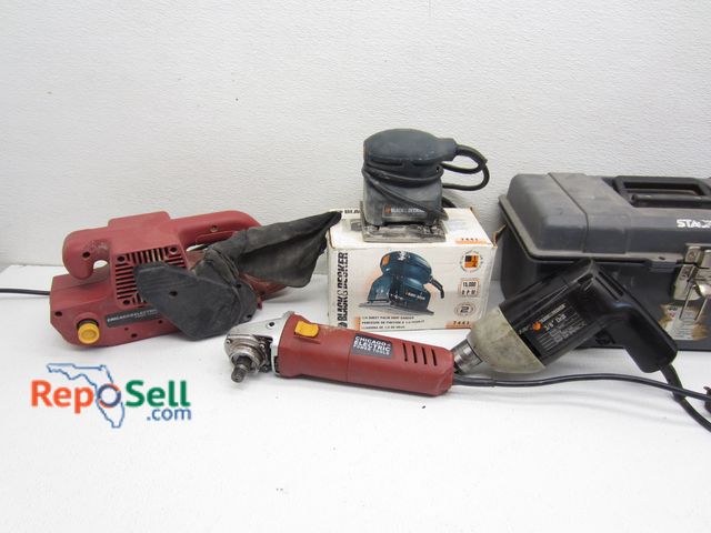 Lot 31-7565 - (4) Corded tools &amp; (1) Tool Box w/Bits, etc. : 3/8" Drill, Sander, Angle Grinder, Belt Sander - ...