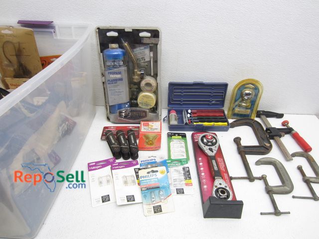 Lot 31-5283 - Lot of Tools: 2" Hitch Ball, Ratchet Straps, Clamps, Lightbulbs, Sharpening Kit, etc.
