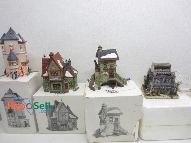 Lot 31-8531 - (4) Lite-Up Christmas Houses (3 Are Dept 56): Morticih's Newspaper, Maltings, Nettie Quinn And Tin S...