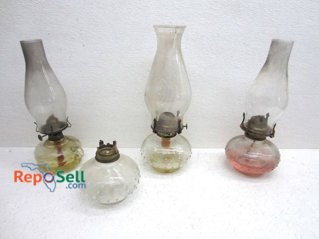 Lot 31-9181 - (4) Vintage Glass Hurricane Lamp Bases &amp; (3) Glass Chimneys