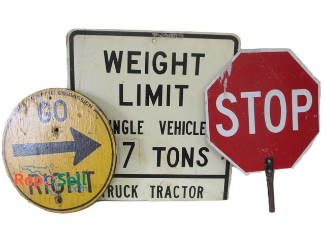 Lot 31-1239 - (2) Metal and (1) Wood Roadway Signs; Stop/Slow &amp; Weight Limit (Metal) and Go Right (Wood)