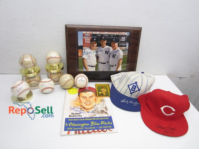Lot 31-8597 - (8) Signed Baseballs - No COA, (1) Yankee Greats Plaque, (2) Hats, (1) 1998 Wilmington Blue Rocks So...