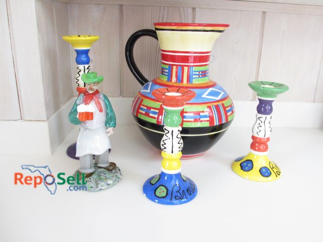 Lot 31-1161 - (3) Broussard Ceramic Candlesticks, Ceramic Cowboy And Pitcher