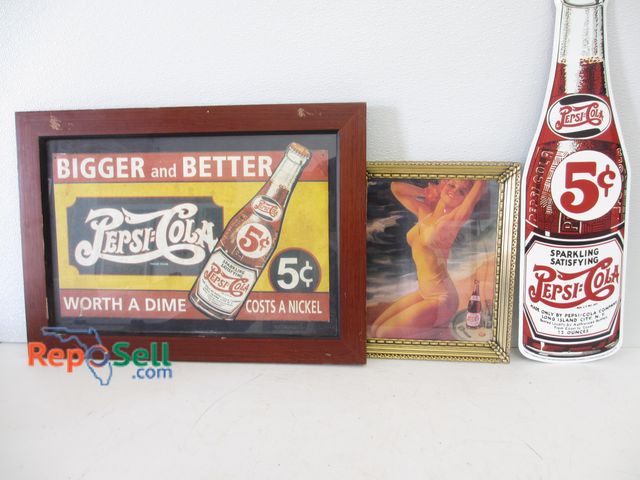 Lot 31-1262 - (3) Vintage Pepsi-Cola Advertising Pieces; (1) Metal Sign; 23"h and (2) Framed Prints; Largest is 23...