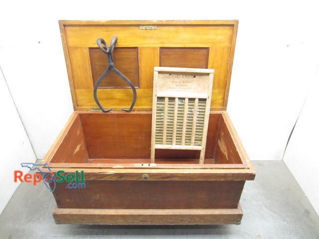 Lot 31-9500 - Solid Wood Storage/Tool Box 36 x 16 x 20, Wash Board, Ice Tongs