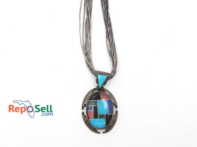 Lot 31-9027 - Native Liquid Silver Necklace w/Turquoise, Lapis, Coral - 20.15g total