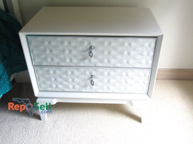 Lot 31-1229 - (2) White Side Tables, Cloth Fabric Front, Silver/Glass Knobs, 28x17x25H