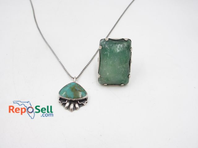 Lot 31-9255 - .925 Silver Gemstone Ring Size 7.5 (22.3gt) and Turquoise Pendant with 18-inch chain (7.37gt)