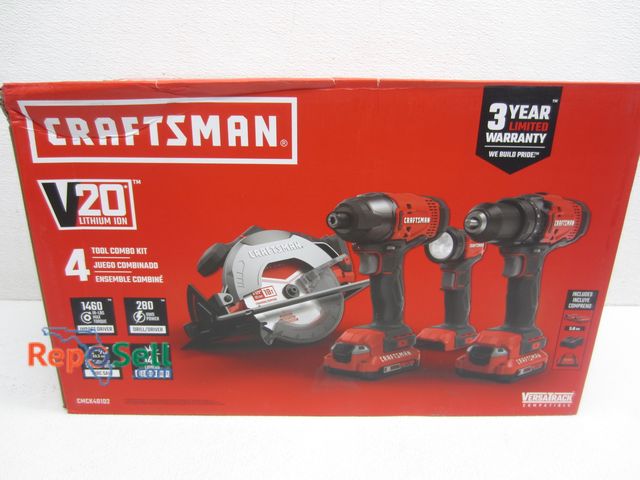 Lot 31-2208 - New Craftsman 20V 4-Tool Combo Kit w/(2) Batteries, Charger &amp; Tool Bag #CMCK401D2