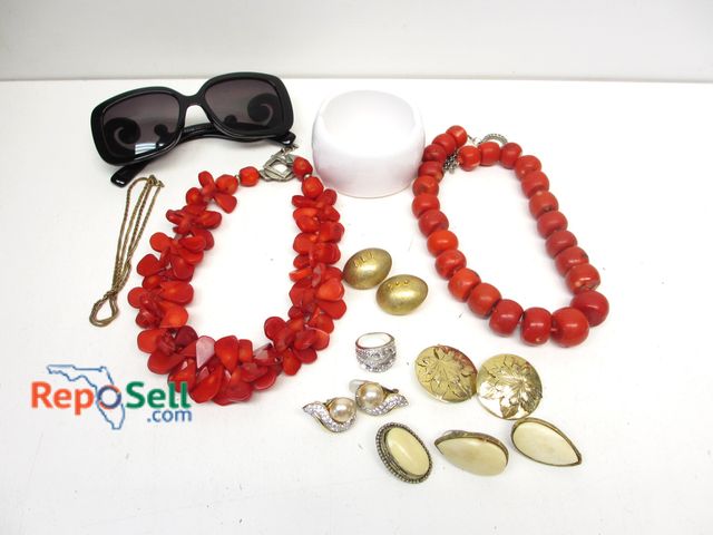 Lot 31-3030 - Jewelry Lot: (3) Necklaces, NYS Sunglasses, Bangle, Earrings, Ring Size 8