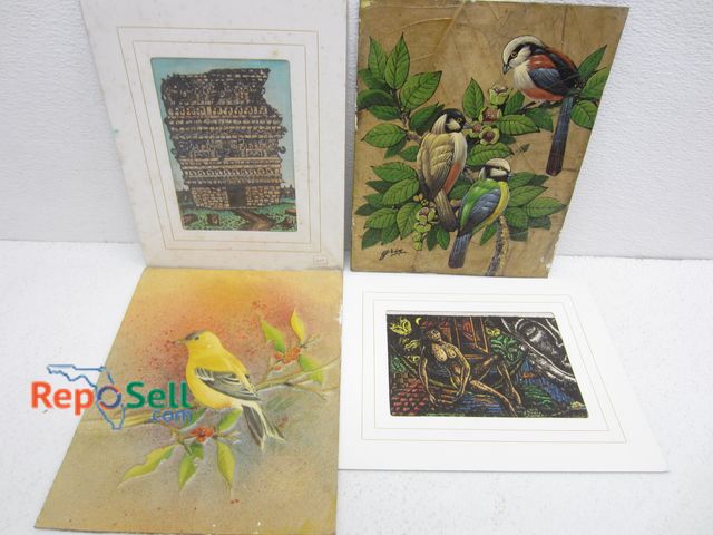 Lot 31-5428 - (2) Fabric Art and (2) Art on Board Largest 9.75" x 8"