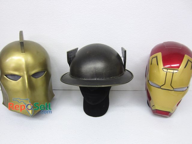 Lot 31-1209 - (3) Collectible Helmets and Display Heads: Resin Doctor Fate, Metal The Flash, Plastic Air Man