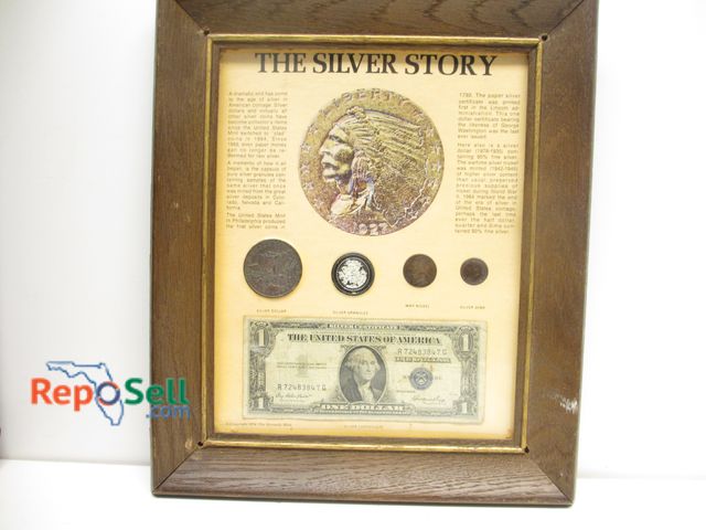 Lot 31-4009 - Framed "The Silver Story"  (3) Coins, Silver Granules, 1935E Silver Cert $1 Bill