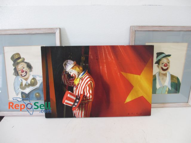 Lot 31-1241 - (3) Pieces of Clown Wall Art; (1) Canvas Print and (2) Framed &amp; Signed; (1) Has Broken Glass