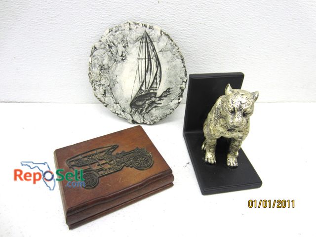 Lot 31-5182 - Clay Ship Art, Cheetah Book End And Small Wood Box