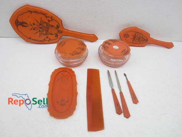 Lot 31-3302 - (9)pc Antique Art Deco Pyroloid &amp; Depression Glass Vanity Set