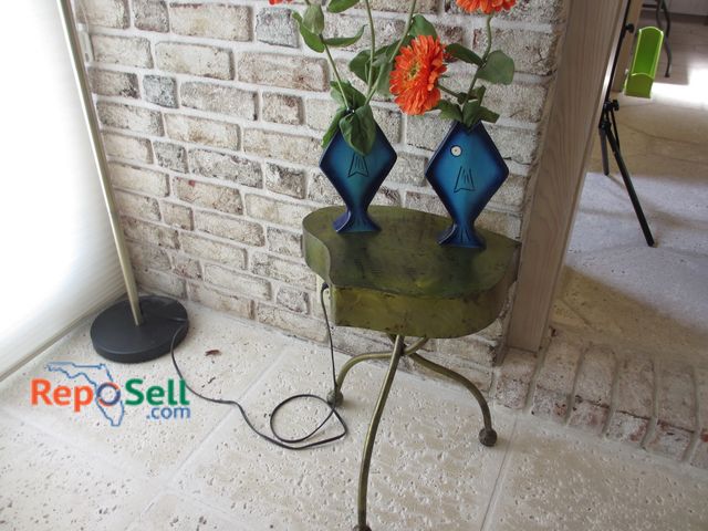 Lot 31-1368 - Metal Side Table w/Faux Metallic Finish, (2) Fish Vases - Signed