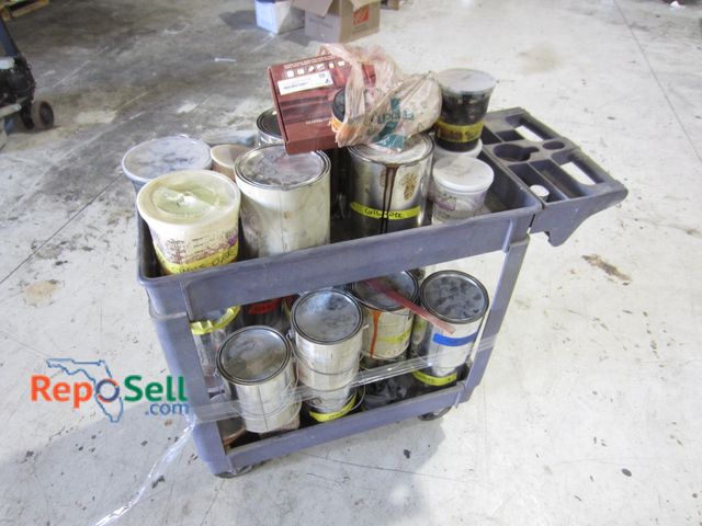 Lot 31-8200 - Shop Cart with Misc Shop Chemicals, Paint, Stain, etc