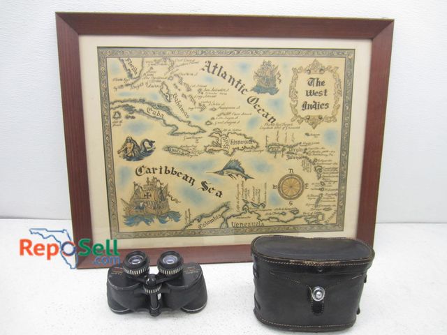 Lot 31-9312 - Framed West Indies map, 26" by 20.5", and Tasco vintage binoculars with case.