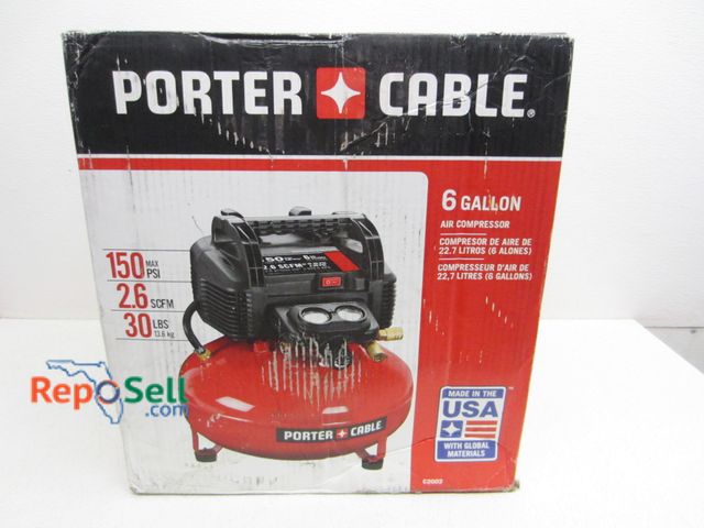 Lot 31-6349 - New Porter Cable 6 G Compressor #C2002 150 PSI - Power On, Builds Pressure, Some Box Damage