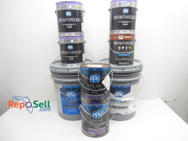 Lot 31-6444 - (2) 4.84 Gal. Buckets of Off-White Exterior Paint &amp; (6) Cans of Break-Through! Satin/Gloss Inter...