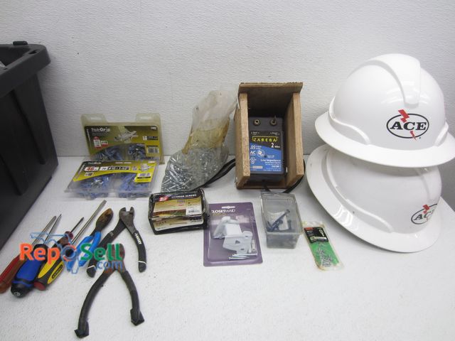 Lot 31-2419 - Tool &amp; Hardware Lot: (3) Hard Hats, Screws, Electric Fence Controller, Hand Tools, etc.