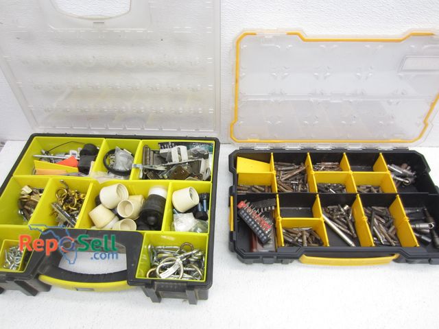Lot 31-6057 - (2) Hardware Bins with Drill Bits, Hooks, Leg Ends, etc.