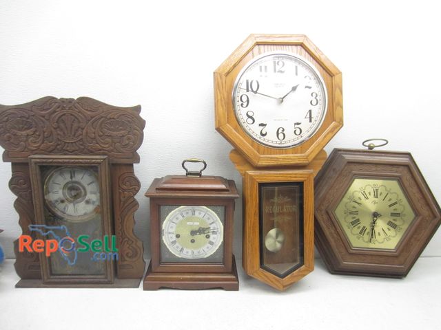 Lot 31-6242 - (4) Mantle/Wall Clocks, Parts/Repair: Howard Miller, Verichron, Elgin, etc. Tallest is 27.5"